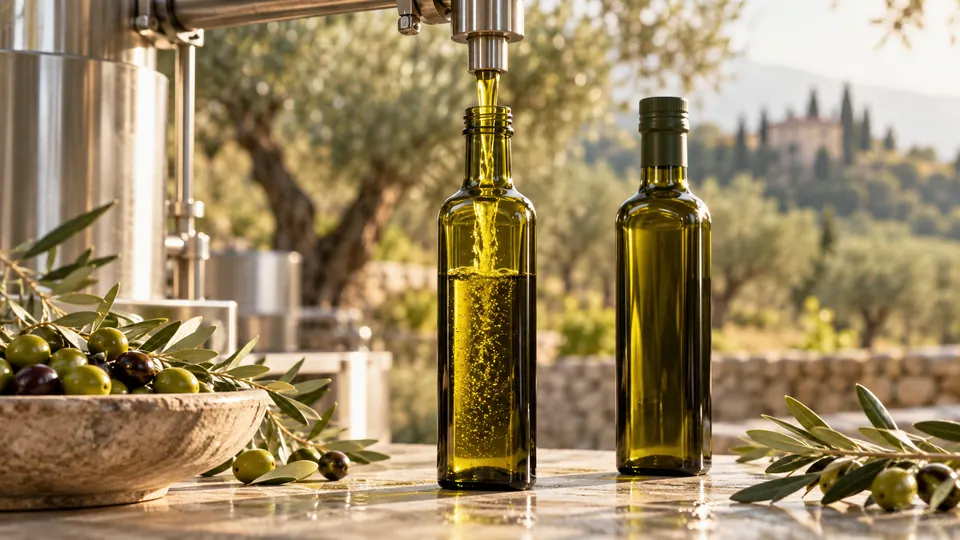 Bouteille de verre teinté qui se remplit d’huile, à côté d’une bouteille fermée