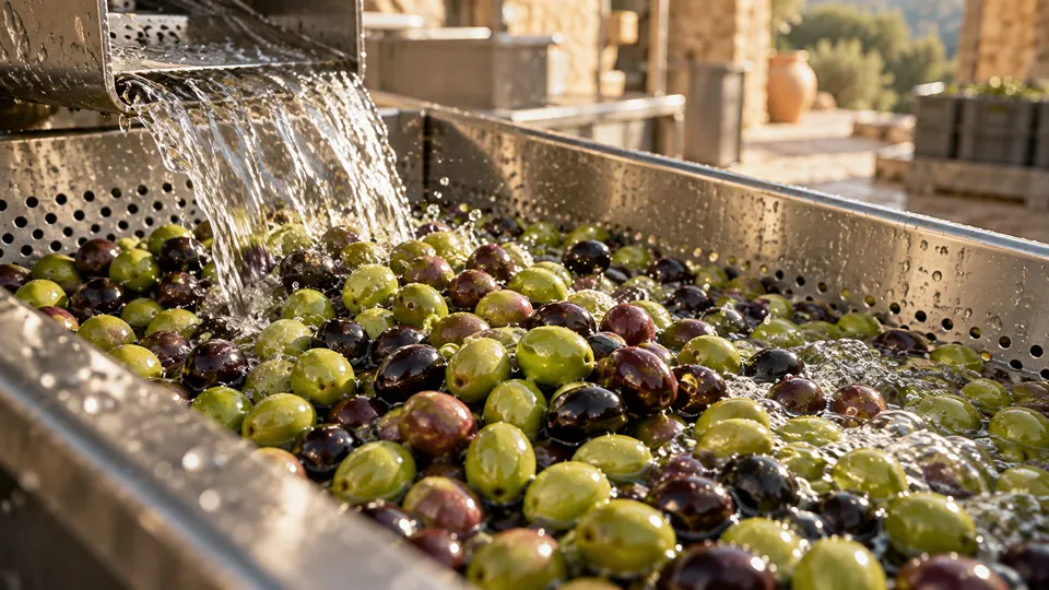 Olives lavées sous un jet d’eau claire dans un bac en inox