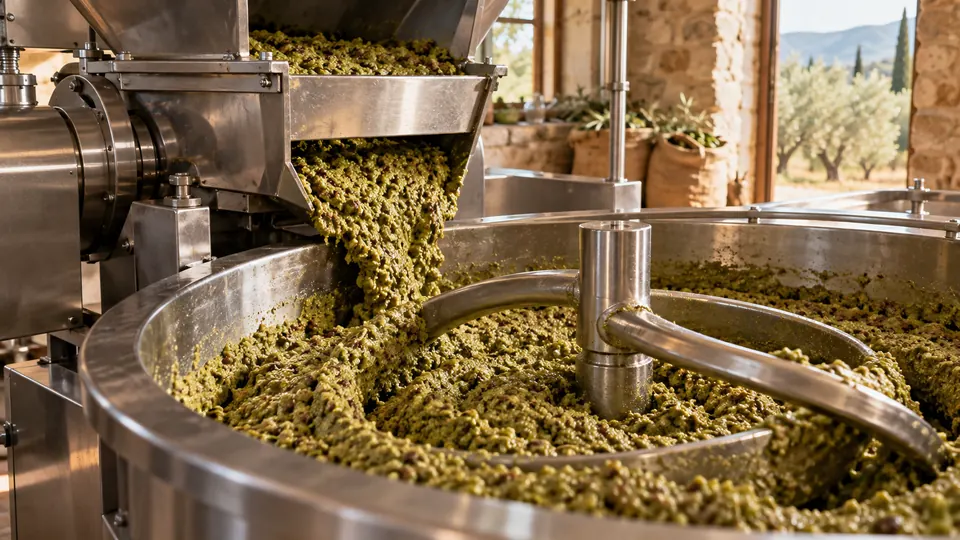 Pâte d’olive qui tombe du broyeur dans la cuve du malaxeur