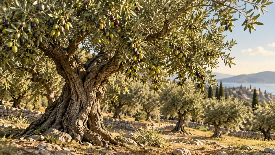 Olivier centenaire chargé d’olives vertes et noires, sur une restanque