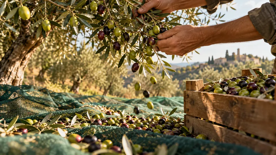 Mains qui cueillent des olives au-dessus d’un filet, caisse en bois remplie